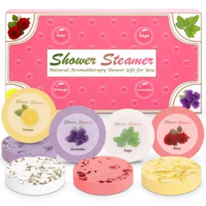Jemyda 8 pack shower steamers with white sage, lemon, lavender, and rose scents for aromatherapy and relaxation.