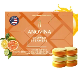 Anovina citrus shower steamers with orange and lemongrass essential oils provide aromatherapy for a refreshing shower experience, ideal self care gifts for men and women.