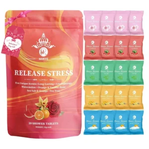 This image shows a set of 20 individually wrapped shower steamers with various scents like orange vanilla and tea tree, perfect as a women's birthday gift for aromatherapy.