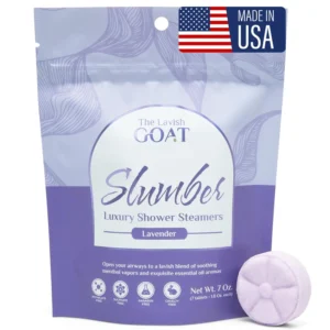 Seven lavender aromatherapy shower steamers with menthol for stress relief and relaxation are packaged for a spa-like experience.