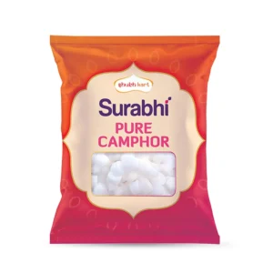 A pouch of Shubhkart Surabhi pure camphor tablets, perfect for creating a refreshing and aromatic atmosphere during puja, meditation, and other religious rituals.