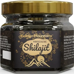 A jar of pure Siberian Altai Golden Mountains Shilajit Resin is shown with a measuring spoon, ensuring precise dosage for both men and women looking to enhance their wellness routine.