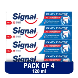This is a four-pack of SIGNAL Fluoride Toothpaste, designed to fight cavities and promote 10x stronger teeth for the whole family.