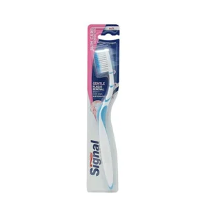 A medium bristle SIGNAL Triple Protection toothbrush, designed for gentle plaque removal and gum massage.