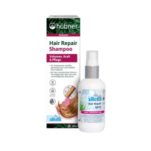 hübner Silicea Hair Repair set with biotin and coconut oil for intensive care and protection of damaged, brittle hair, promoting healthy growth.