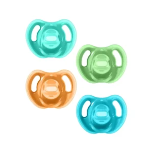 Four BPA-free Tommee Tippee silicone pacifiers designed for babies and toddlers aged 18-36 months, featuring a symmetrical design, air holes to protect skin, and a curved shield for comfort.