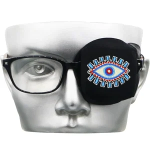 Astropic black 3D contoured silk eye patch designed for adults and kids wearing glasses, offering complete blackout and comfortable, hypoallergenic coverage for the left eye.