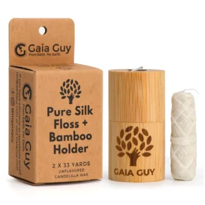 This eco-friendly silk dental floss with reusable bamboo holder and floss refills is a sustainable, plastic-free alternative for effective and guilt-free flossing.
