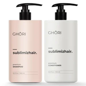 Ghori Sublimizhair shampoo and conditioner set enriched with botanical extracts for cleansing, hydrating, and revitalizing hair, resulting in a silky, shiny, and resilient finish for all hair types.