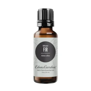 This bottle contains Edens Garden Silver Fir essential oil, a pure, therapeutic-grade oil known for its refreshing, uplifting forest scent that can enhance mental clarity and ease respiratory discomfort.