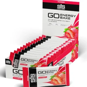 Science in Sport GO Energy Bakes in strawberry flavor provide 30g of carbohydrates and 10g of fructose for a delicious and easily digestible energy boost during exercise, suitable for vegetarians and tested for banned substances.