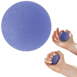 Blue SISSEL press ball for hand and forearm muscle building and mobility, ideal for therapy and fitness, shown with an exercise guide.