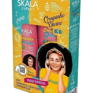 Skala Crespinho Divino Kids shampoo and conditioner kit for easy care, moisturizing, shine and anti-frizz effect on curly and coily hair.
