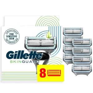 Eight Gillette SkinGuard razor blade refills designed to minimize irritation and protect sensitive skin for men with razor bumps and razor burn.