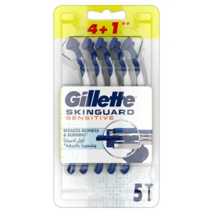 Five Gillette SkinGuard sensitive disposable razors featuring SkinGuard technology for less irritation and a pivoting head for contouring.