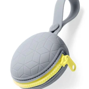 The Skip Hop Grab and Go Pacifier Holder in grey keeps pacifiers clean and accessible with its compact design and stroller strap.