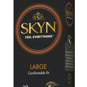 A package of ten SKYN Large XL non-latex condoms, lubricated and with a reservoir, ideal for those with latex sensitivities and a nominal width of 56mm.