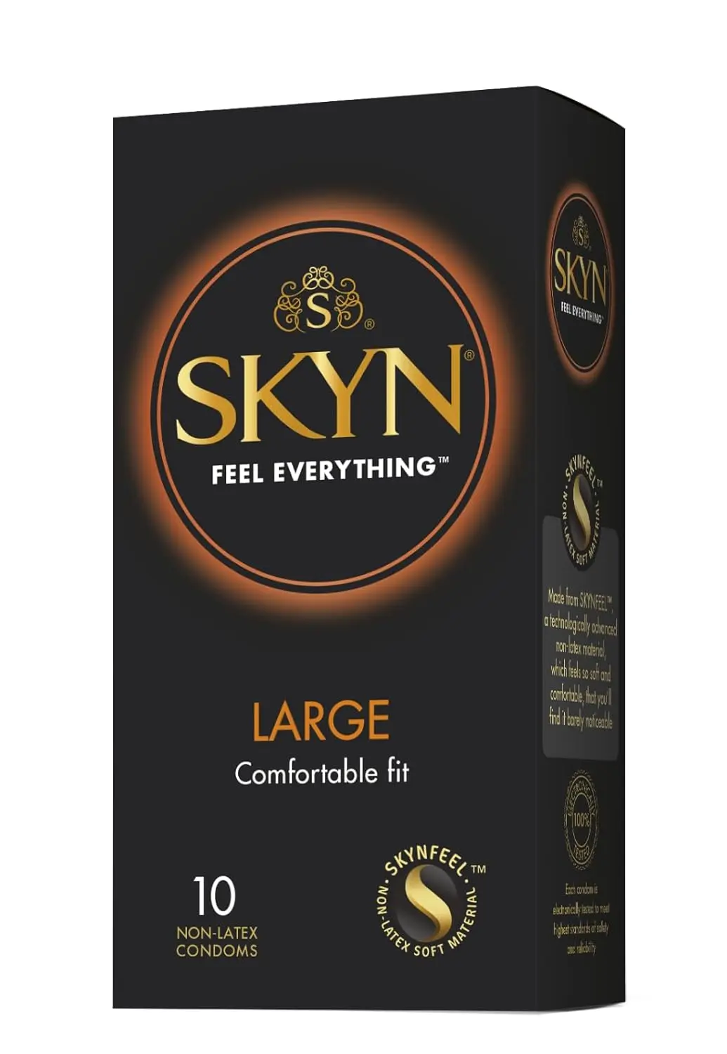 A package of ten SKYN Large XL non-latex condoms, lubricated and with a reservoir, ideal for those with latex sensitivities and a nominal width of 56mm.