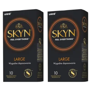 This image shows a pack of SKYN Large XL King Size non-latex condoms, 10 count pack of 2, in natural color.