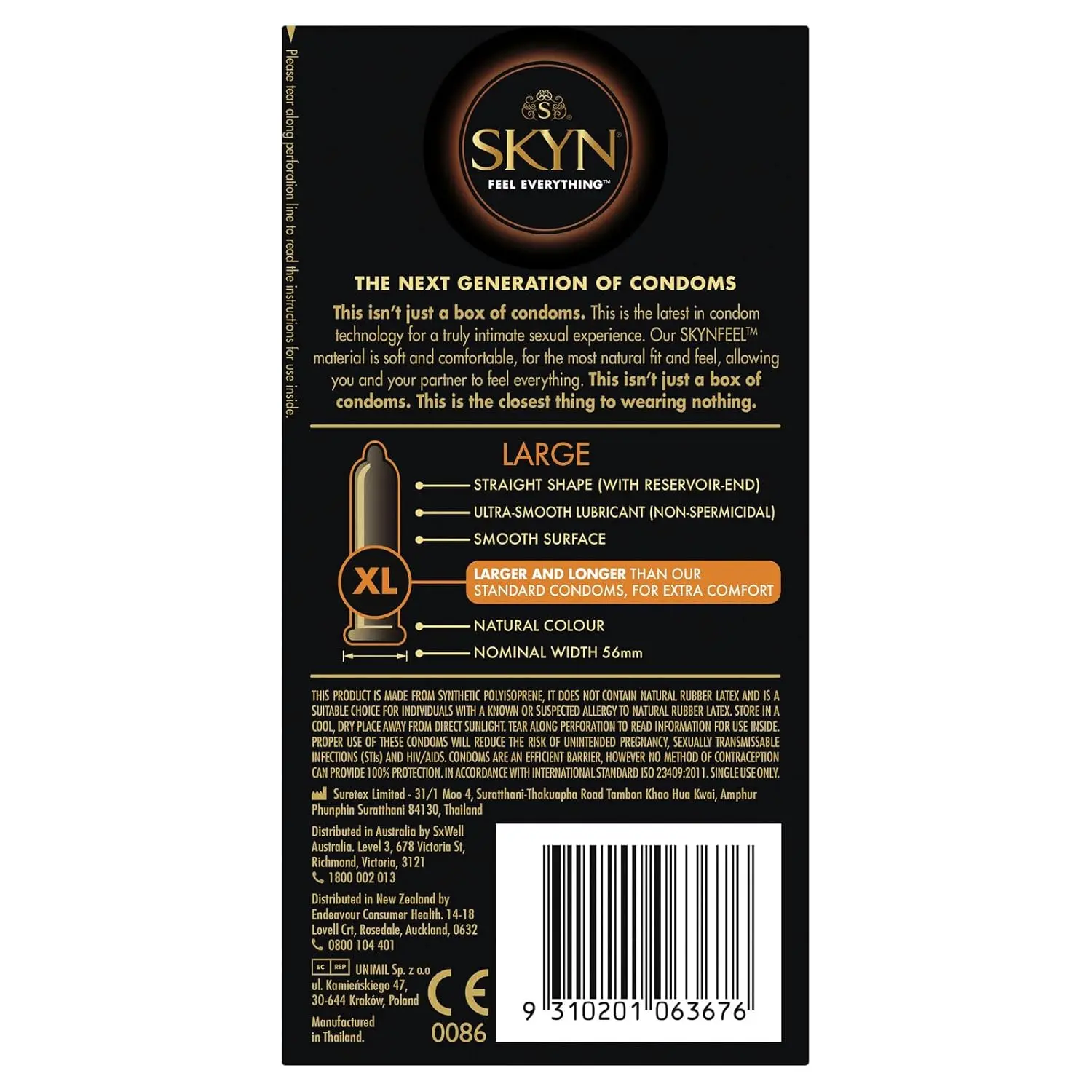 A package of ten SKYN Large XL non-latex condoms, lubricated and with a reservoir, ideal for those with latex sensitivities and a nominal width of 56mm.