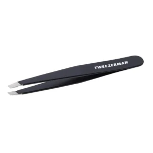 A brand new black Tweezerman Slant Tweezer - Midnight model with long pointed tips, perfect for removing embedded items from under the skin.