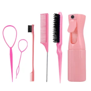 This pink slick brush set includes tools for hair styling, edge control, and braiding, perfect for women and girls of all hair types.