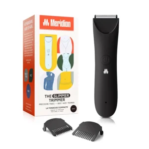 The Meridian Slimmer Trimmer in onyx provides precision and irritation-free grooming for the bikini line and pubic area, featuring an ergonomic design, LED spotlight, and wet/dry functionality.