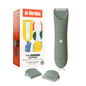 The MERIDIAN Slimmer Trimmer in sage color is displayed, highlighting its ergonomic design for safe and precise pubic hair trimming with no nicks or irritation.