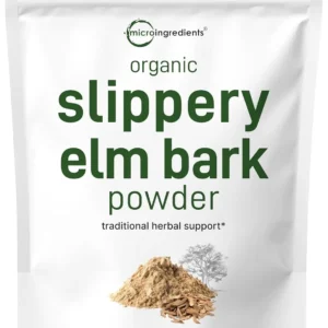 One pound bag of Micro Ingredients organic slippery elm bark powder, grown in the USA, known for its soothing properties and digestive support, perfect for adding to smoothies.