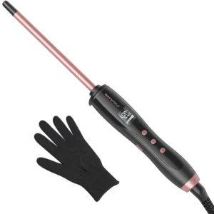 Rose pink Wavytalk 3/8 inch curling iron wand with ceramic barrel and heat-resistant glove for creating tight, long-lasting curls on short and long hair, featuring adjustable temperature settings and a digital LCD screen.