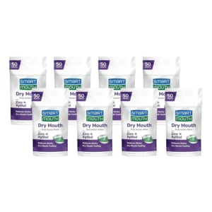 Eight packs of SmartMouth Mellow Mint sugar-free mints containing xylitol and zinc to fight bad breath and promote saliva production for fresh breath and a healthy mouth.