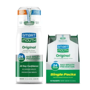 SmartMouth mouthwash in single-use travel packs ensures fresh breath on the go with its patented zinc ion technology and alcohol-free formula, providing effective odor elimination.