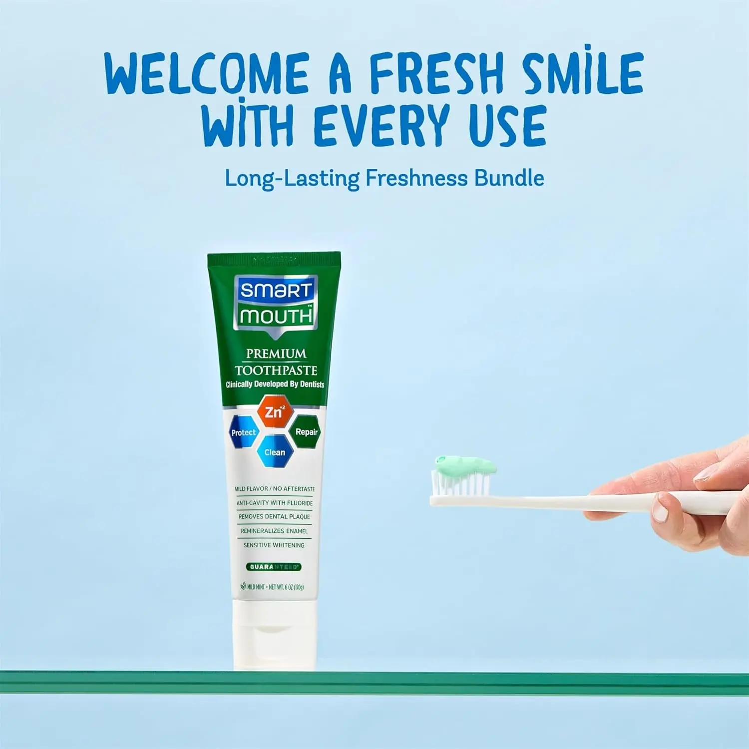SmartMouth Premium Whitening Toothpaste with fluoride and zinc ion technology strengthens enamel, prevents cavities, gently whitens sensitive teeth, and freshens breath.