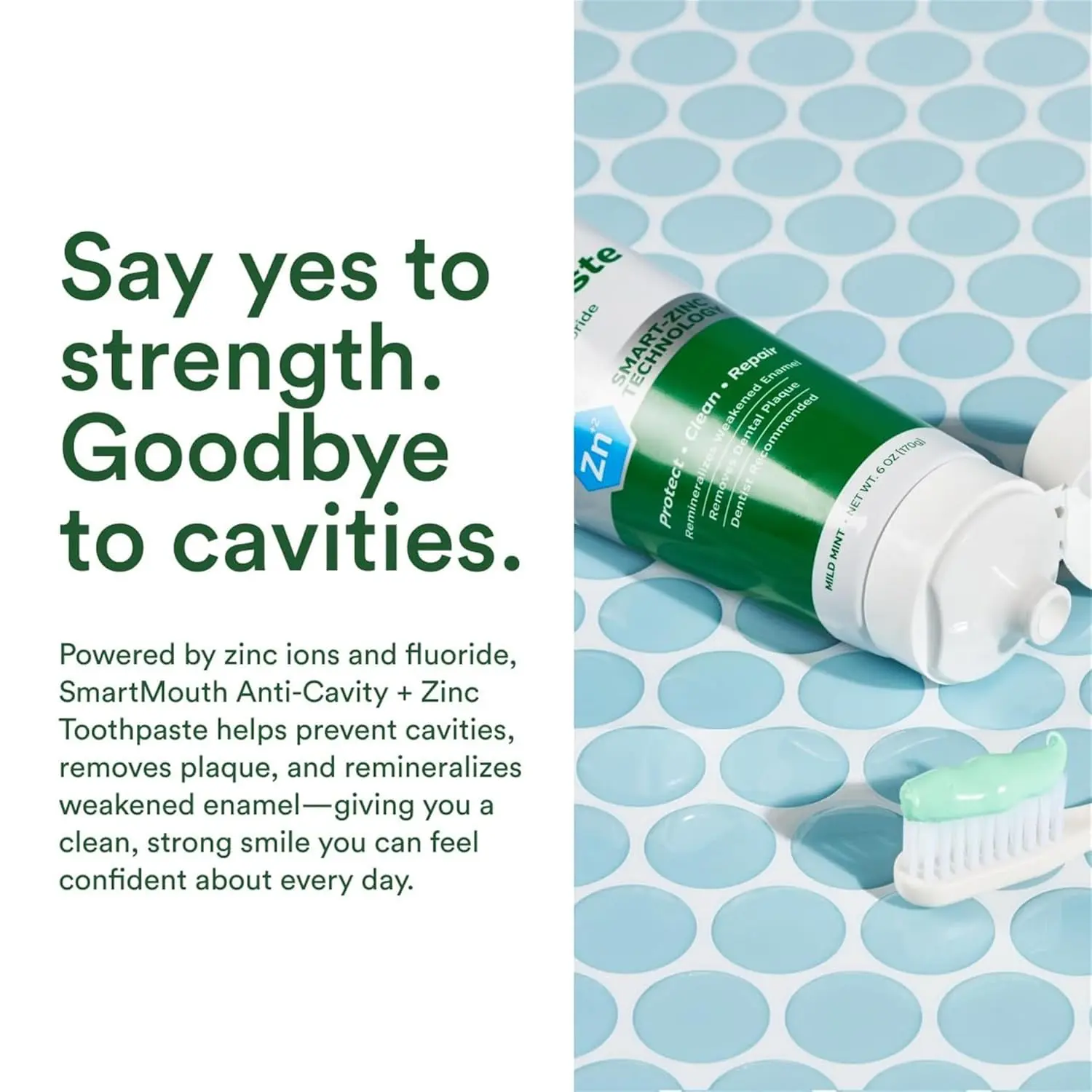 SmartMouth Premium Whitening Toothpaste with fluoride and zinc ion technology strengthens enamel, prevents cavities, gently whitens sensitive teeth, and freshens breath.