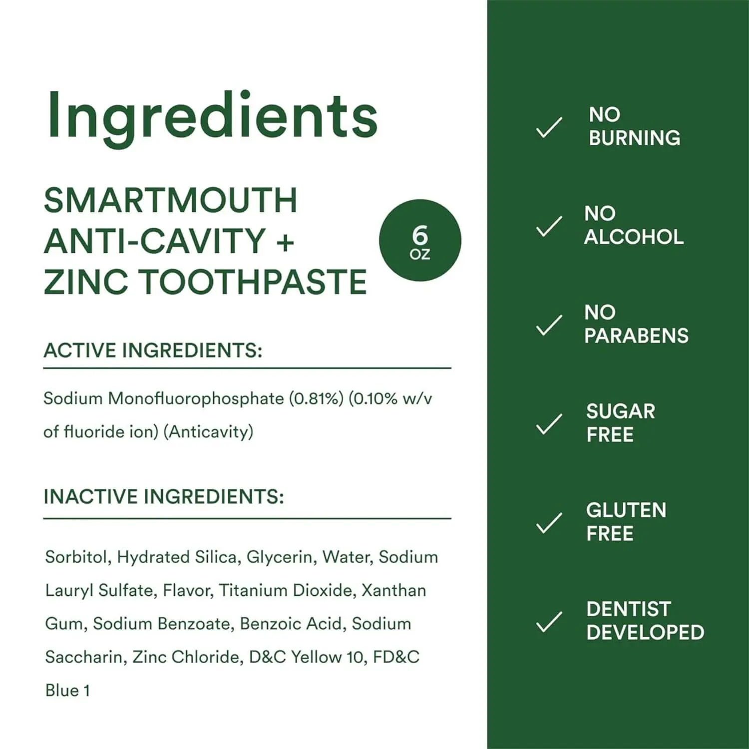 SmartMouth Premium Whitening Toothpaste with fluoride and zinc ion technology strengthens enamel, prevents cavities, gently whitens sensitive teeth, and freshens breath.