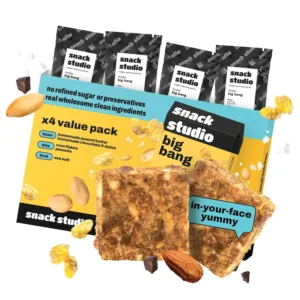 Snack Studio Big Bang healthy snack bar with peanut butter, dark chocolate, corn flakes, and sea salt, made in the UAE.