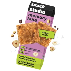 A delicious and healthy snack bar from snack studio's Memory Lane flavor, made with hazelnut butter, chocolate, dates, and a hint of sea salt for a guilt-free indulgence.
