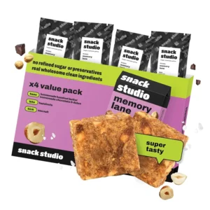 Snack Studio Memory Lane snack bar featuring hazelnut butter, milk chocolate, dates, a hazelnut bite and a sea salt kick.