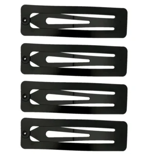 Four black metal snap hair clips, each 7cm long, are displayed, perfect for holding back hair and styling for women and girls.