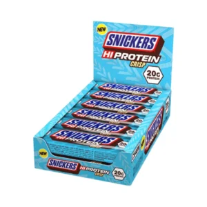 This image shows a Snickers Hi Protein Crisp bar with 22g of protein and 242 calories, perfect for a post-workout snack.