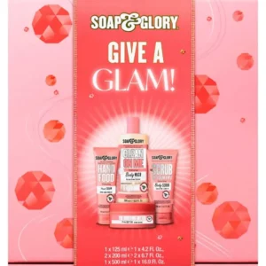 This Soap & Glory Sparkle On The Inside gift set includes Clean on Me Body Wash, Scrub of Your Life Body Scrub, Righteous Butter Body Butter, and Hand Food Hand Cream for a luxurious pampering experience.