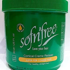 A jar of SOF N' FREE Super Cortical Creme Relaxer for relaxing all hair types.