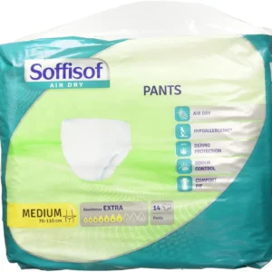 Soffisof pull up pants in medium size with 7 drops absorbency, air dry design, dermo protection comfort fit and odour control.