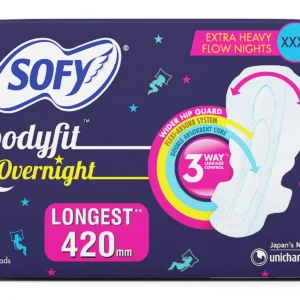 Sofy Body Fit Overnight XXXL sanitary napkins provide superior protection with a body-hugging design and rapid absorption to prevent leaks and keep you comfortable all night.