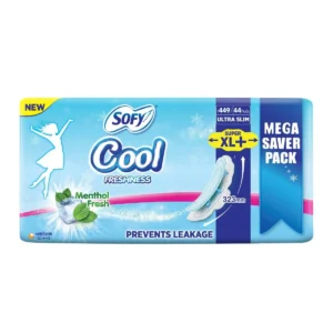 Sofy COOL Super XL sanitary pads with deep absorbent sheet providing extra protection from leakage and a cool water fragrance, ensuring a clean and fresh feeling.