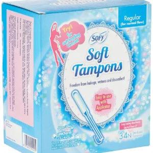 This is a box of Sofy Soft Tampons with regular absorbency, containing 34 tampons with applicators for easy, comfortable, and leak-free protection during your period.