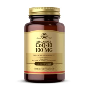 Solgar CoQ-10 100mg softgels featuring KanekaQ10, a bio-identical form of CoQ10, support energy production in a 60 count bottle.