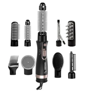 Sonashi 9in1 hair styler in black with multiple attachments, suitable for all hair types.