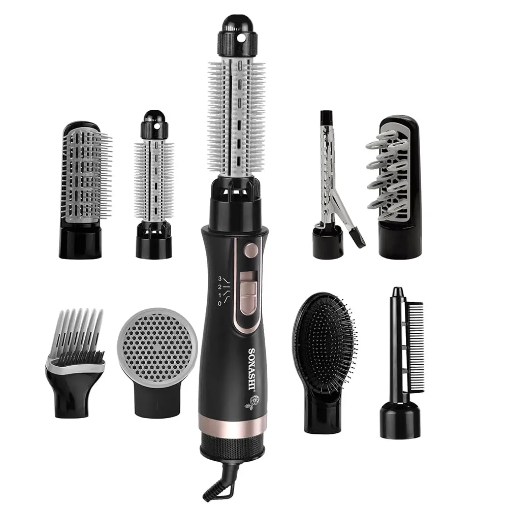 Sonashi 9in1 hair styler in black with multiple attachments, suitable for all hair types.