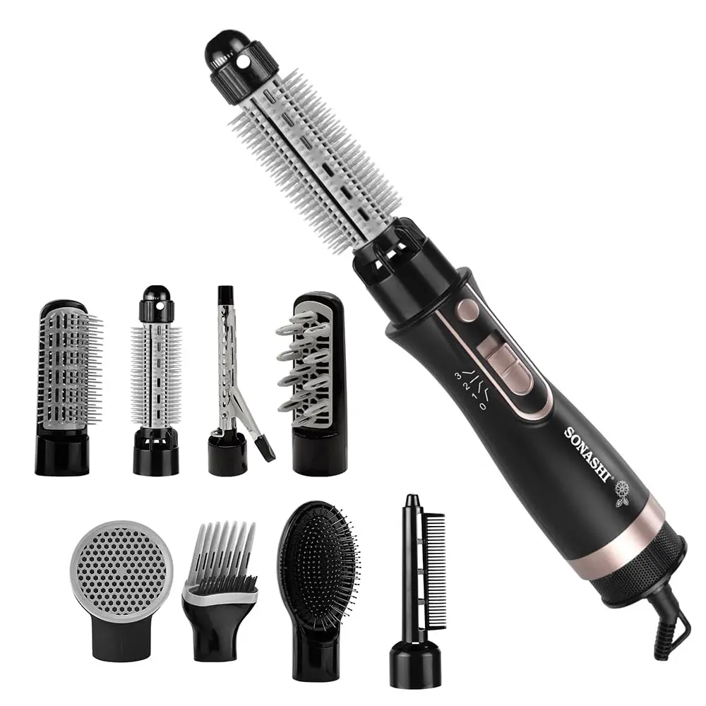 Sonashi 9in1 hair styler in black with multiple attachments, suitable for all hair types.